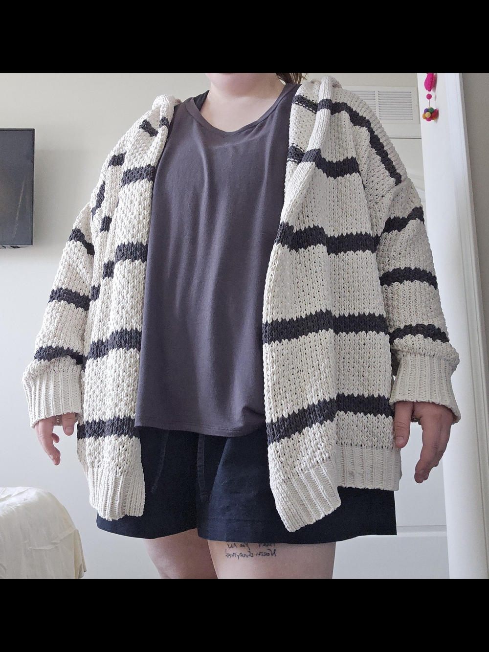 Cozy Cream and Black Striped Open-Front Knit Cardigan Sweater